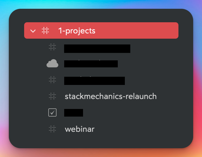 Project folder in bear tags, with most of the actual project names redacted