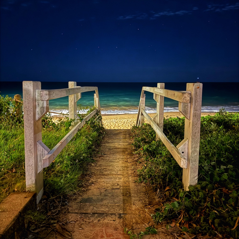Looking through the entrance to a beach at nighttime