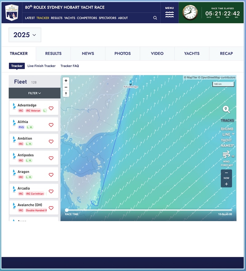 A screenshot of the yacht tracker page